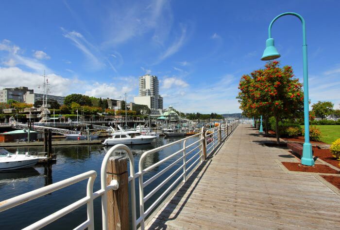 Harbour view of Nanaimo boardwalk and boats in the harbour